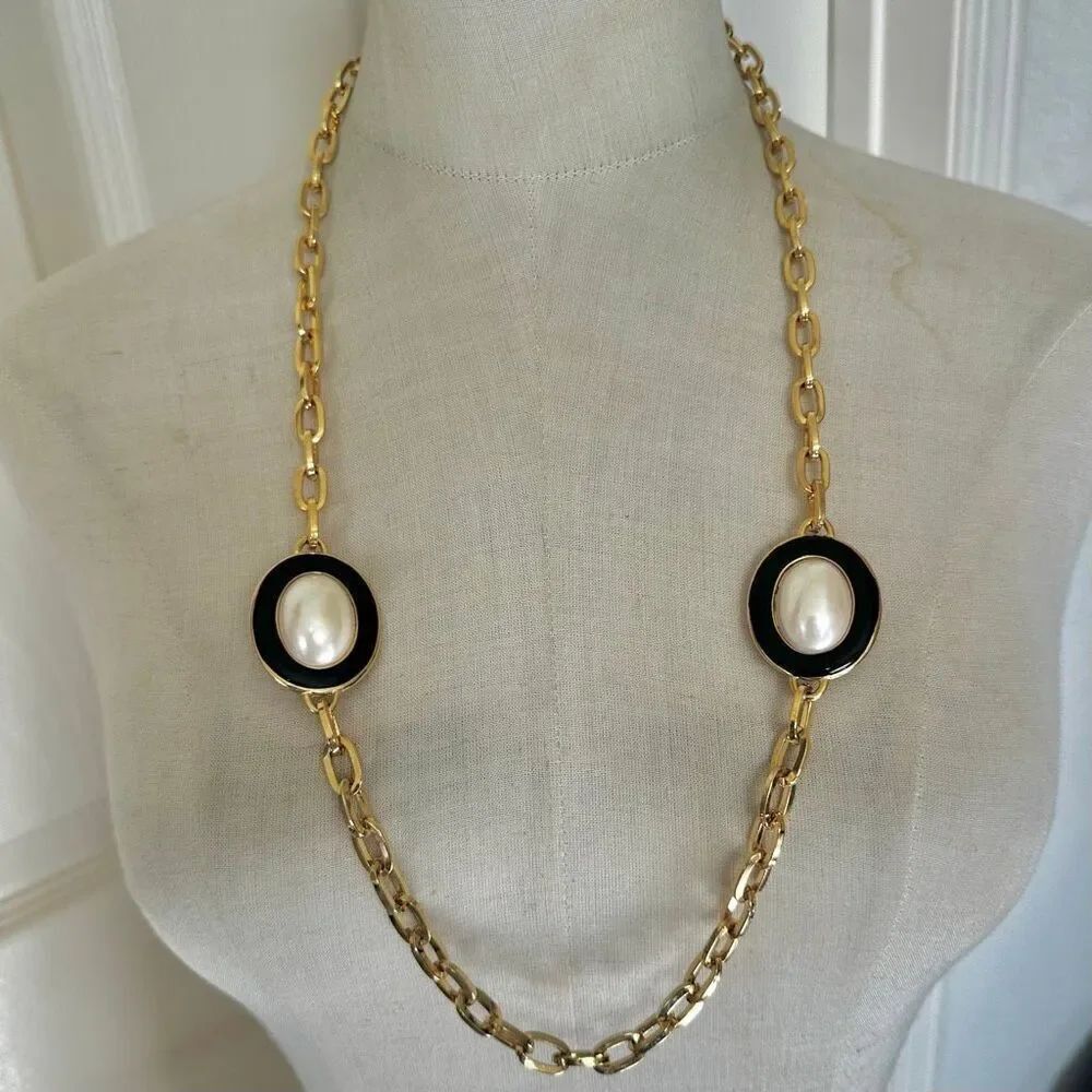Vintage Park Lane Faux Pearl & Black Enamel Statement Necklace